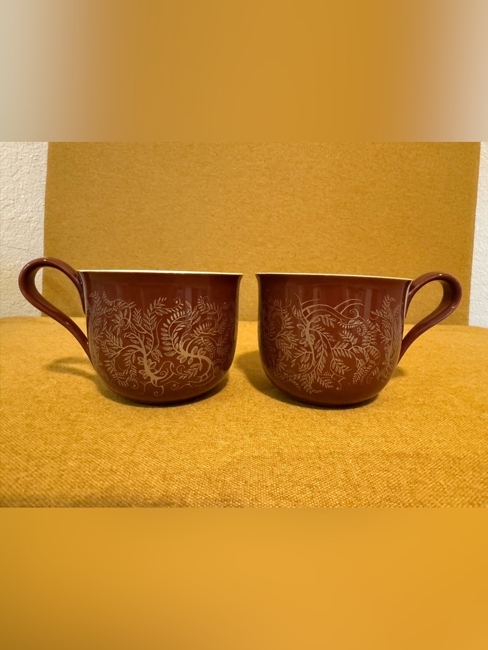 Pair of Starbucks 2004 Burgundy Gold Floral Coffee Tea Mugs Holiday Cups